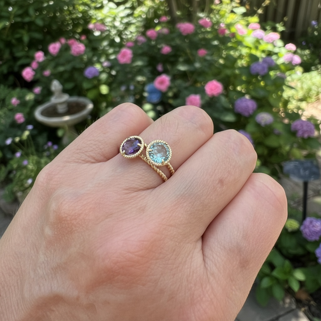 Round Amethyst/Blue Topaz Gemstone Rope Halo Solitaire Ring