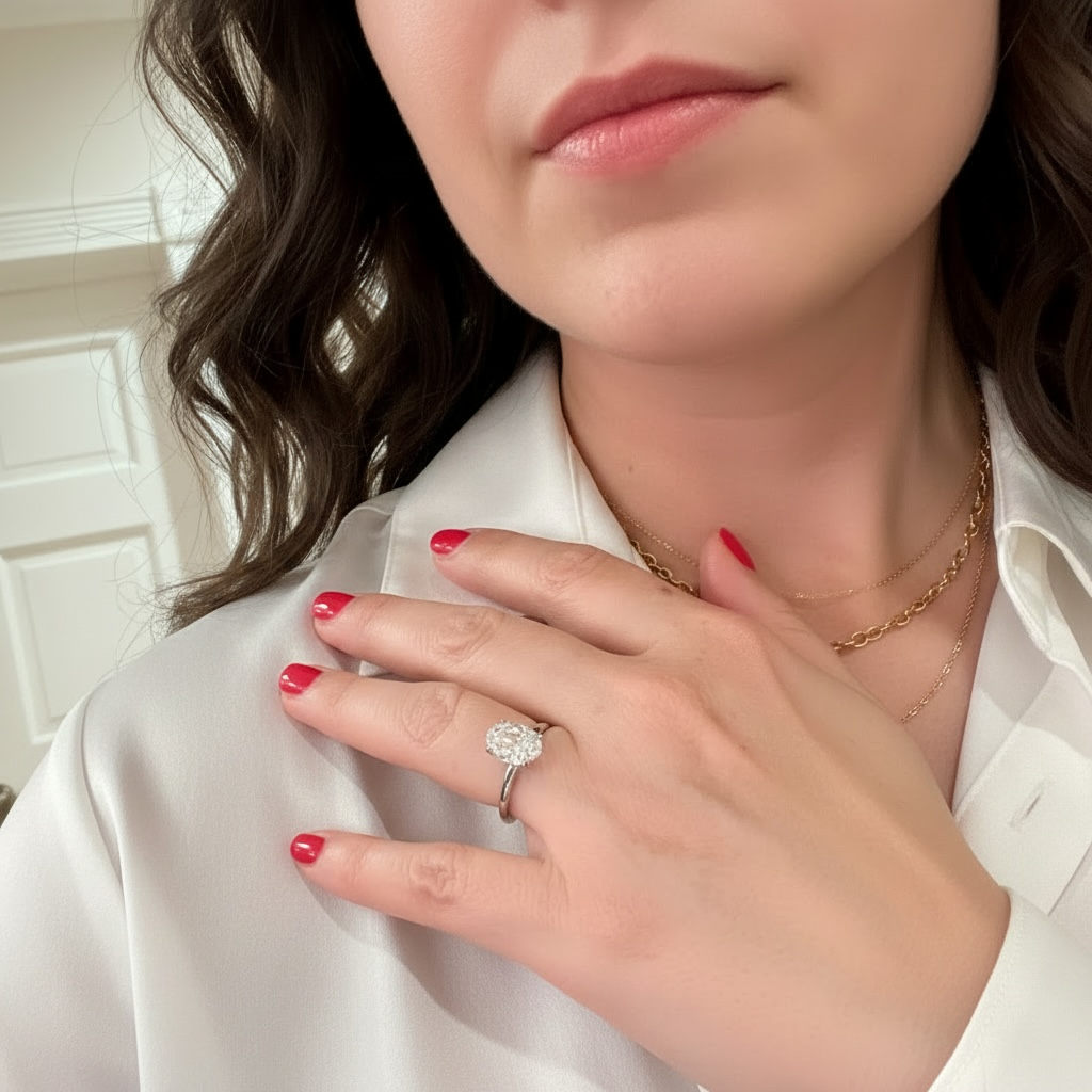 A close-up lifestyle shot of a woman wearing a white gold solitaire hidden halo ring with an oval-cut diamond gemstone, styled with gold necklaces and a white satin blouse.