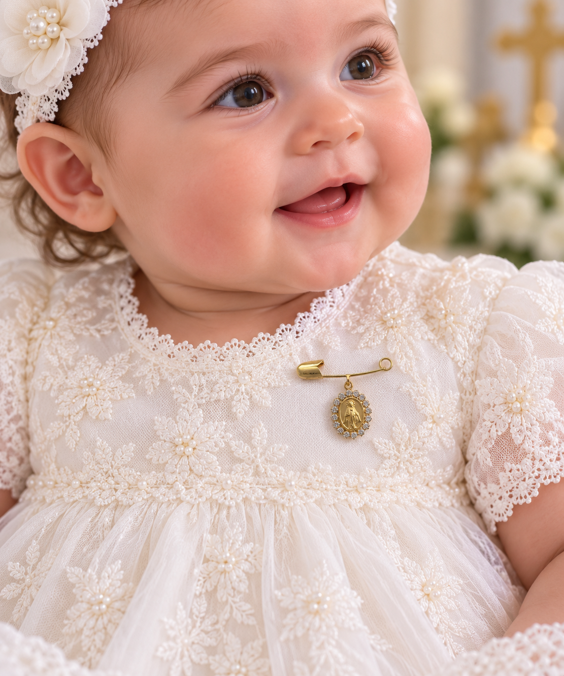 Cubic Zirconia Embellished Miraculous Medal Baby Pin