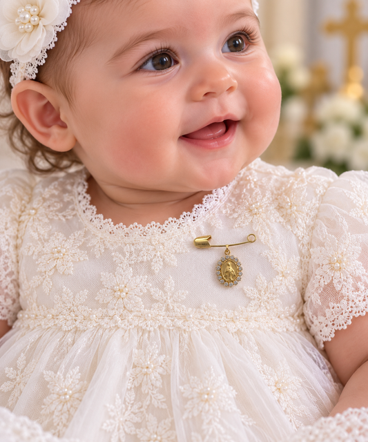 Cubic Zirconia Embellished Miraculous Medal Baby Pin