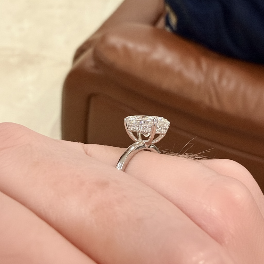 A close-up of a white gold hidden halo solitaire engagement ring with a oval-cut diamond center, worn on a person's finger with a brown leather armchair in the background.
