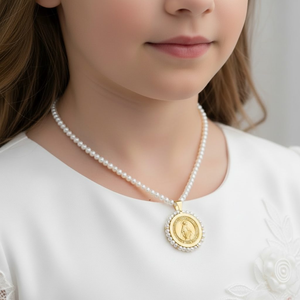 Large Round Miraculous Medal With Mini Pearls Pendant-23mm