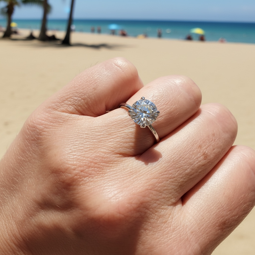 A close-up of a hand wearing a white gold solitaire ring with a round diamond gemstone, photographed outdoors on a sandy beach with the ocean and palm trees blurred in the background.