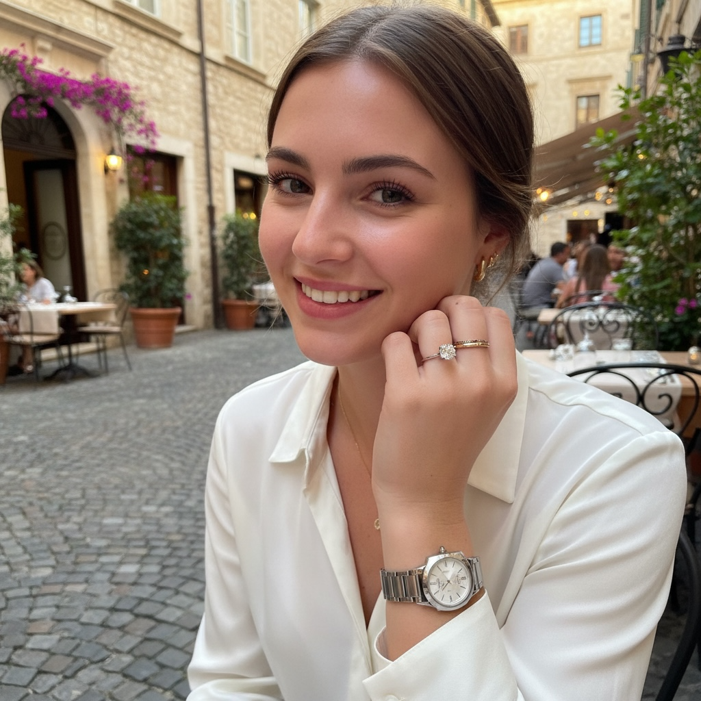A woman in a white satin blouse smiles at a cobblestone outdoor cafe, wearing a white gold engagement ring with a diamond gemstone and a silver-toned watch.