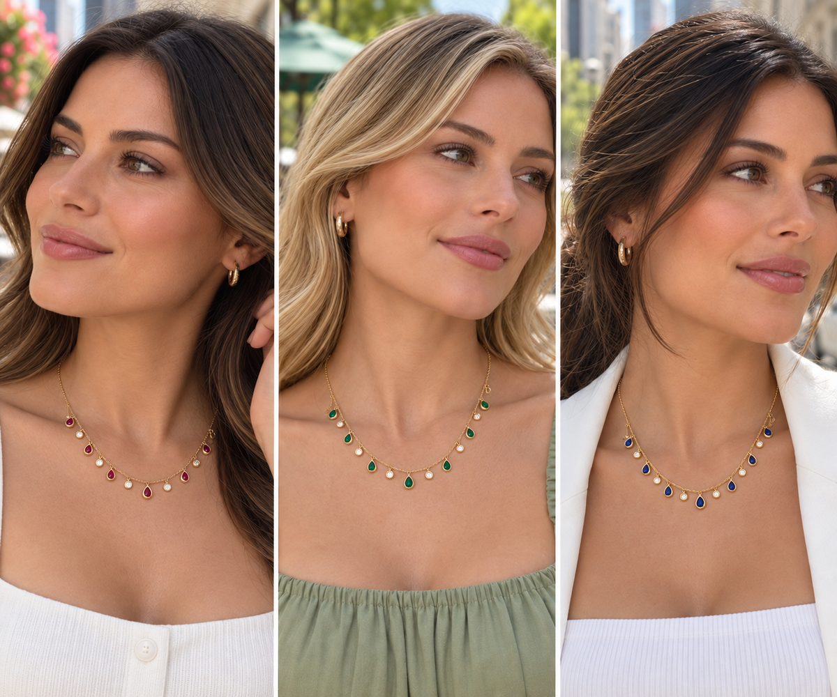 Three women wearing small gold necklaces with colorful gemstone accents, shown in a side-by-side collage. The necklaces feature red, green, and blue stones on gold chains.