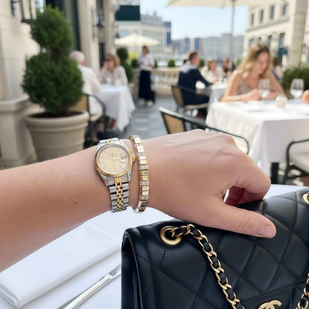 A close-up of a person's hand wearing a two-tone stainless steel and gold Rolex watch and modern linked diamond bracelet, resting on a black quilted handbag with a gold chain strap, set against a blurred outdoor cafe background.