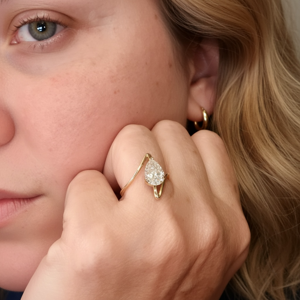 14K Yellow Gold Lab Grown Pear Diamond Bypass Ring – 1.85 CT