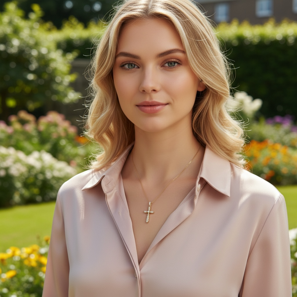 A blonde woman wearing a light pink satin button-up shirt and a gold cross pendant necklace, standing in a lush green garden.
