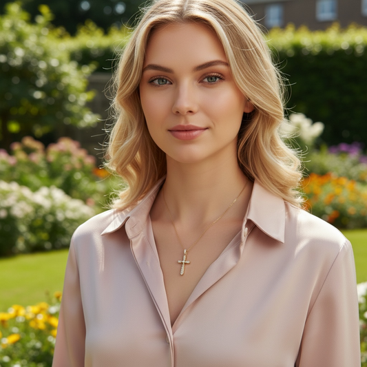 A blonde woman wearing a light pink satin button-up shirt and a gold cross pendant necklace, standing in a lush green garden.