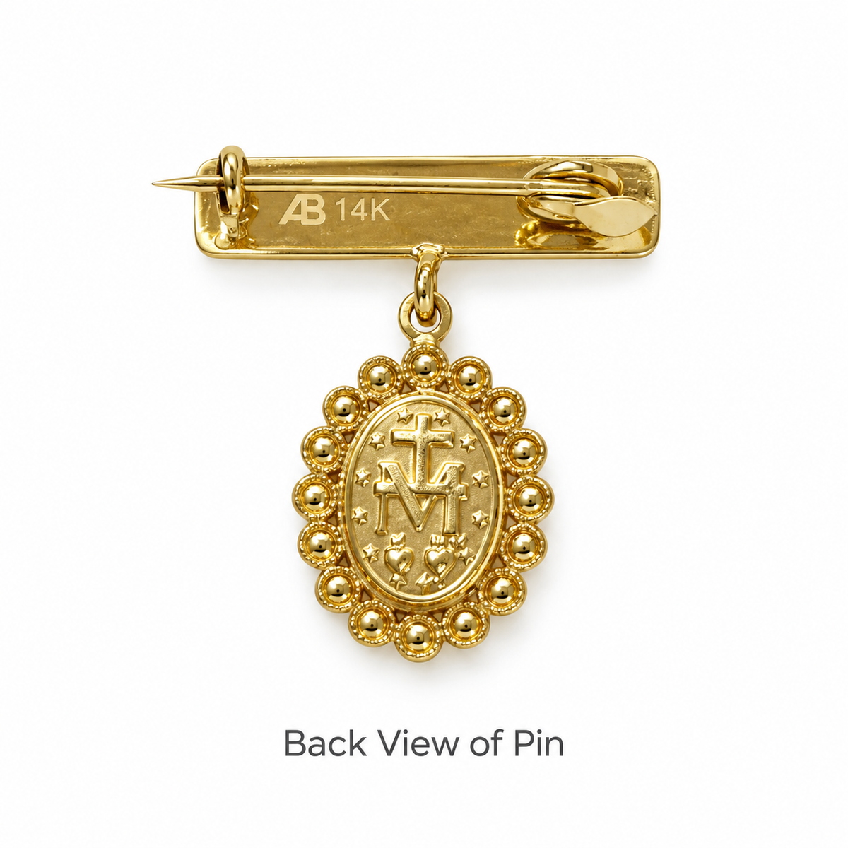 Back View of 14K Gold religious baby pin with a barrette back and a dangling oval medallion featuring the traditional Miraculous medal cross and symbols shown on a white background with the text 'Back View of Pin' below.