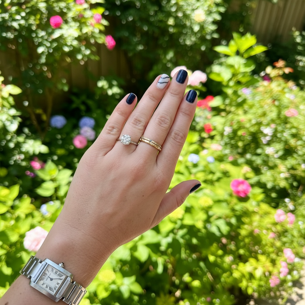 A hand wearing a stainless steel watch with two rings, including a gold band and a diamond solitaire ring, posed in front of a blurred green garden background.