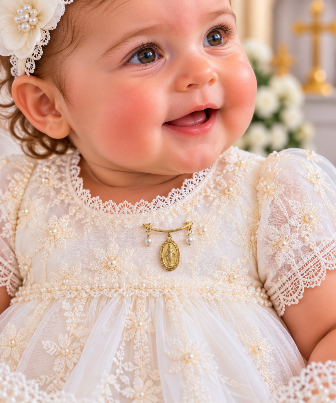 14K Yellow Gold Small Miraculous Medal and Pearl Baby Pin