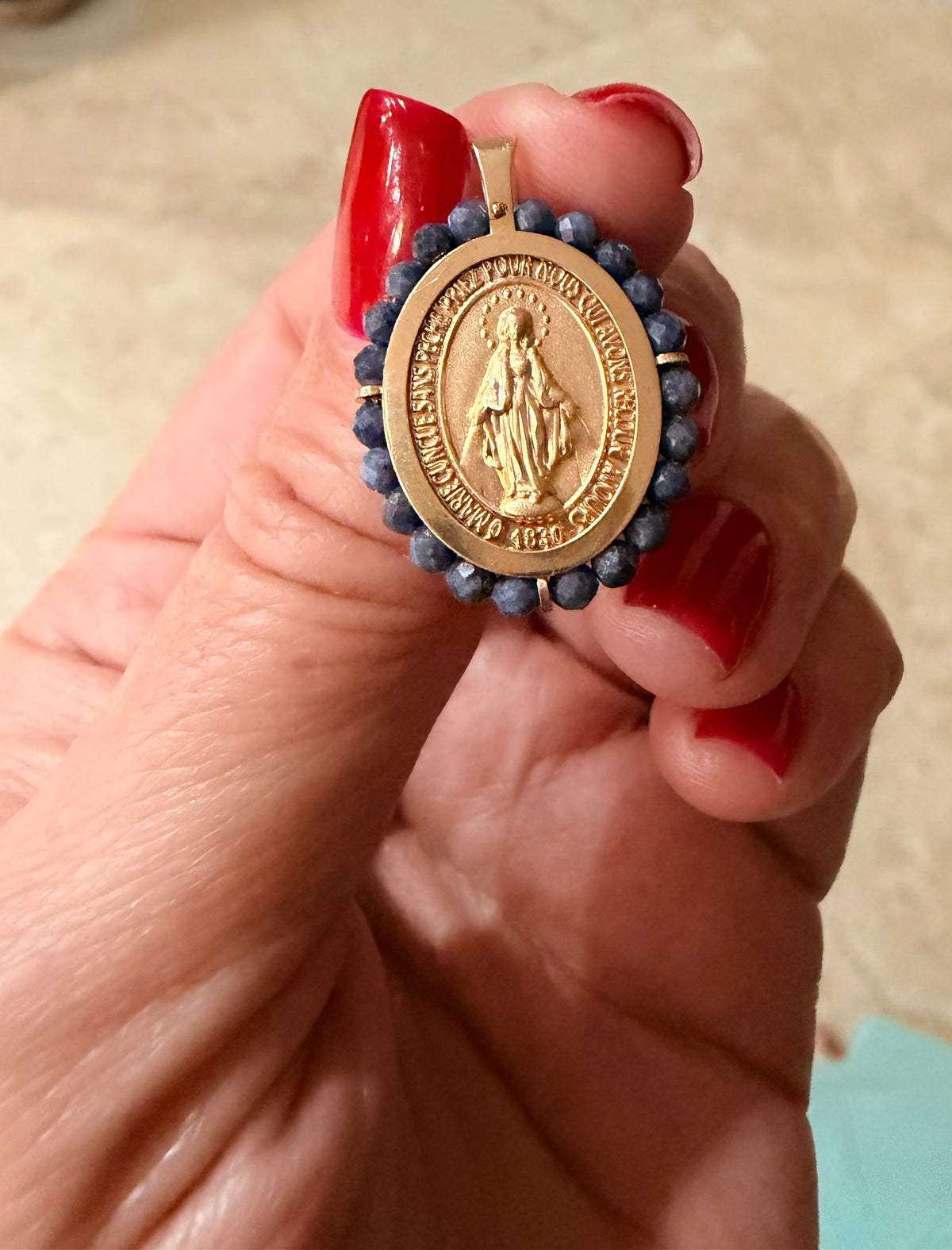 14K Gold Miraculous Medal with Natural Ruby or Sapphire Beads