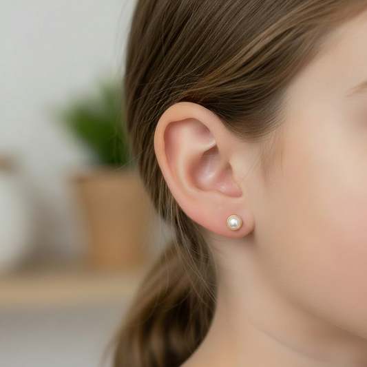 Close-up of an ear wearing a pearl earring with a blurred indoor background