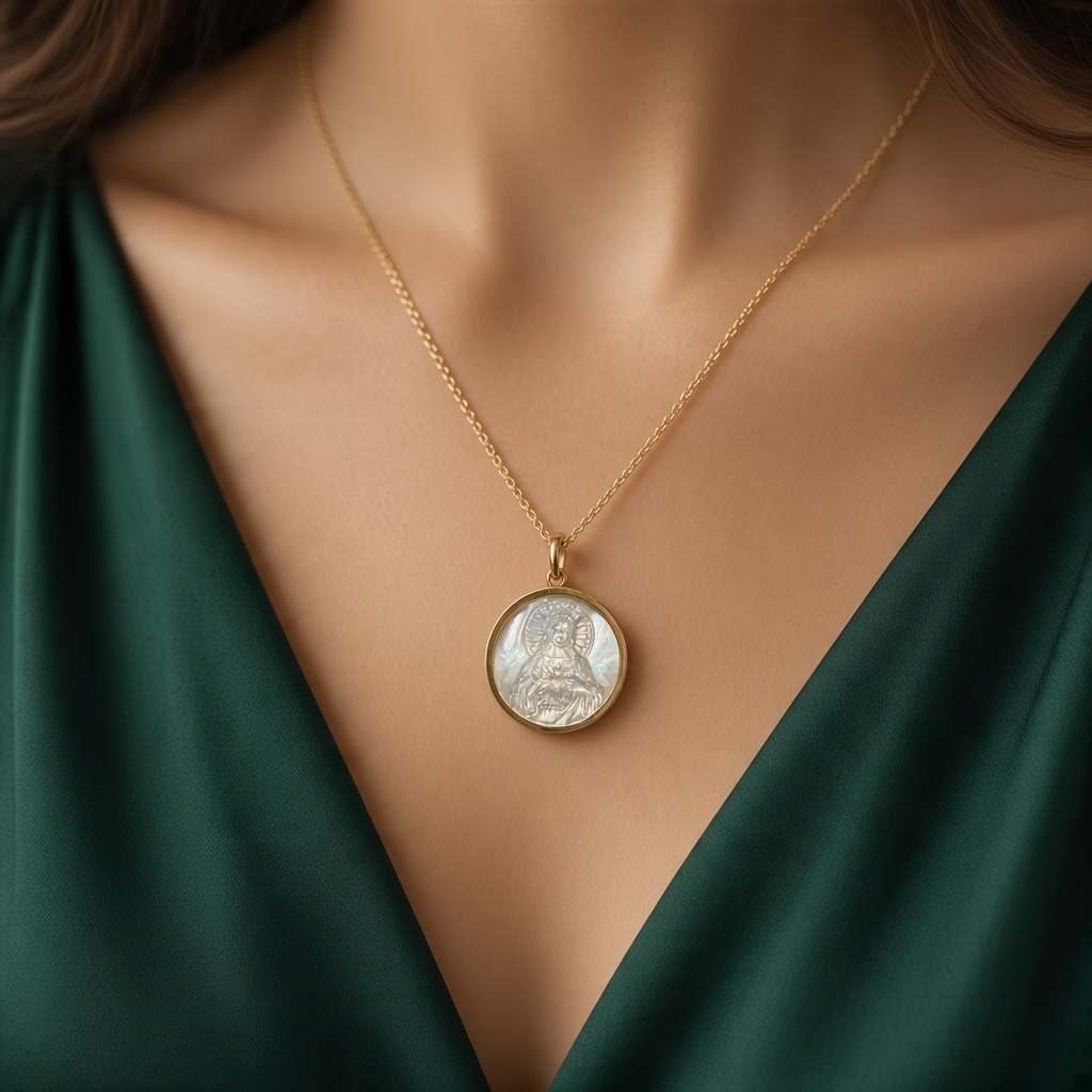 A gold chain necklace with a round pendant featuring a mother of pearl Sacred Heart Of Jesus Medal with a gold border, worn by a model in a dark green satin top.