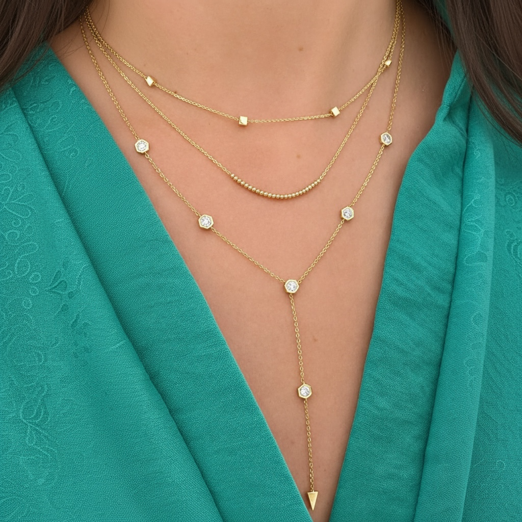 14K Gold Natural Diamond Hexagon Bezel Drop Lariat Necklace