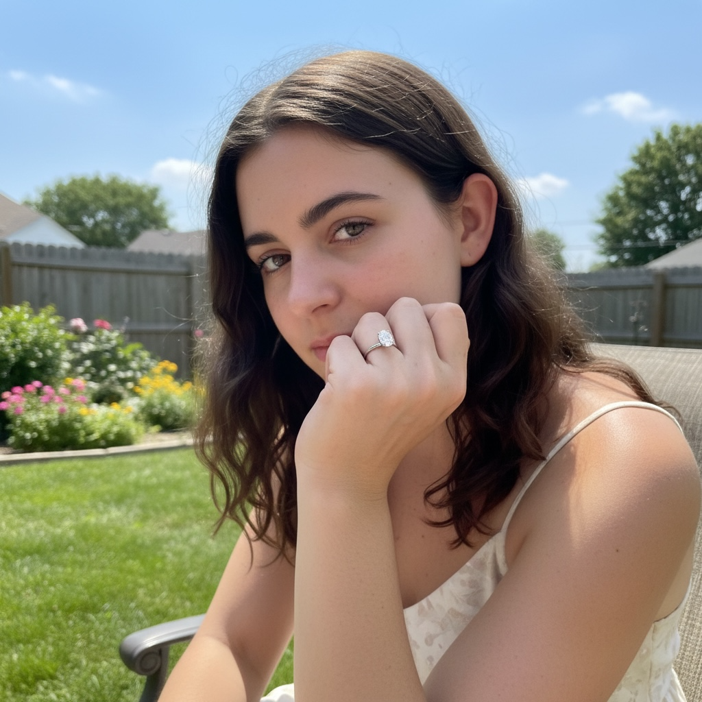 A woman with wavy brown hair sitting outdoors in a backyard, wearing a cream-colored spaghetti-strap top and a white gold engagement ring with an oval cut diamond gemstone on her finger.