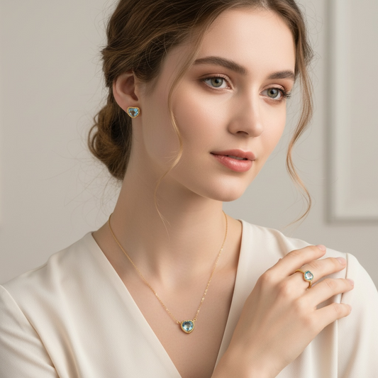 Heart Blue Topaz Rope Halo Jewelry Set