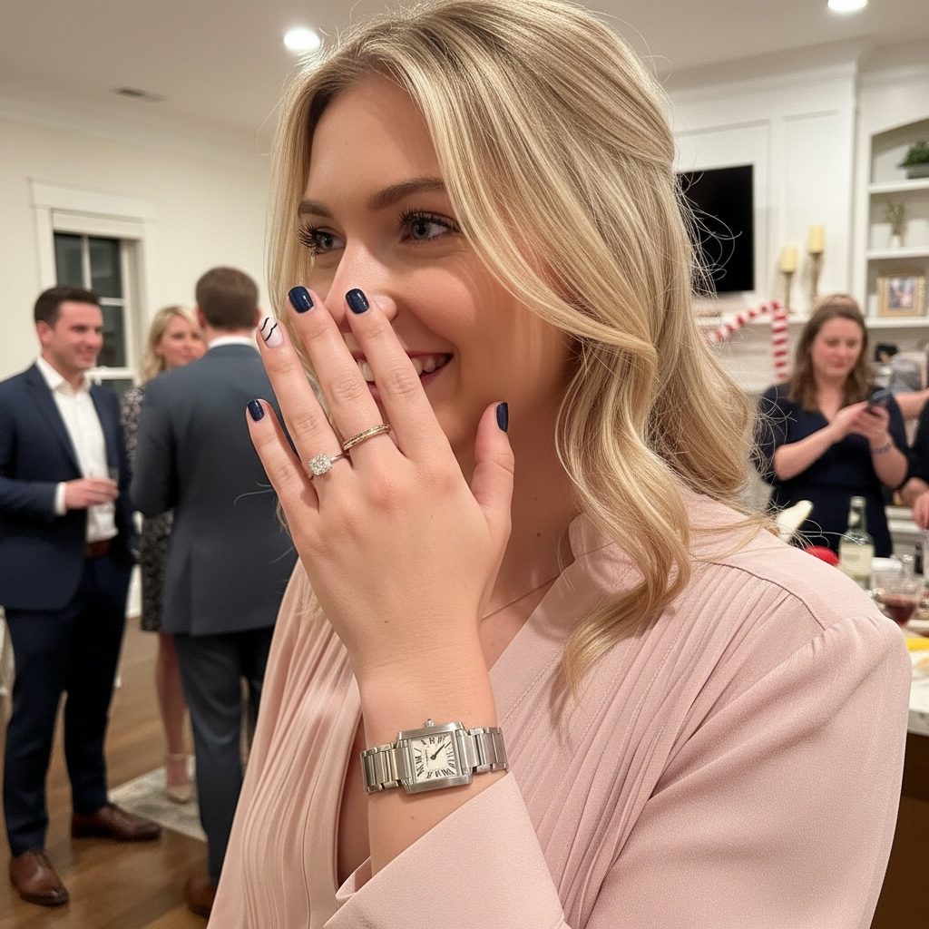 A blonde woman in a light pink top smiles while covering her mouth, wearing a silver-toned rectangular watch with a metal link band and rings on her fingers. The photo is taken in a social gathering indoors with guests blurred in the background.
