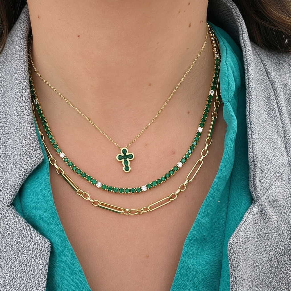 14K Yellow Gold Natural Gemstone Bezel Cross Necklace – 0.60 CTW