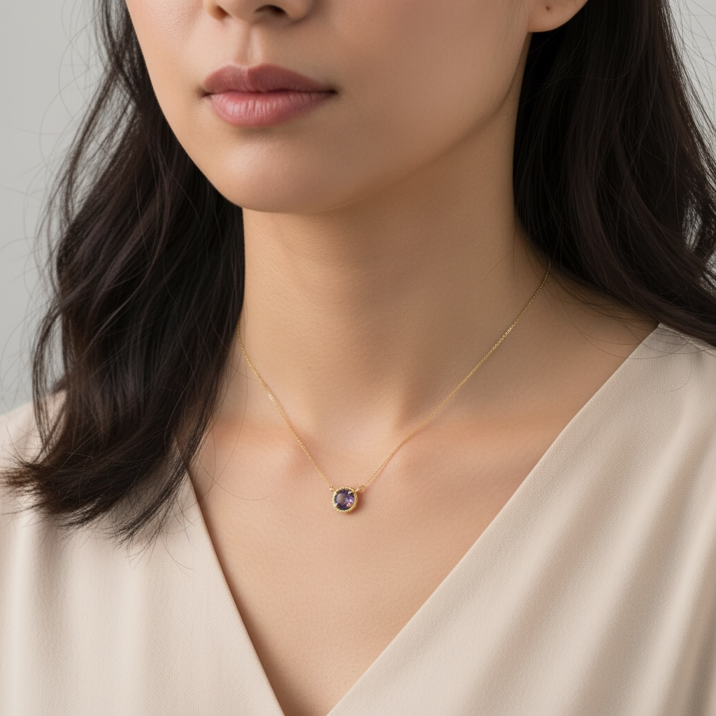 Woman wearing a delicate necklace with a small round amethyst stone pendant on a neutral background