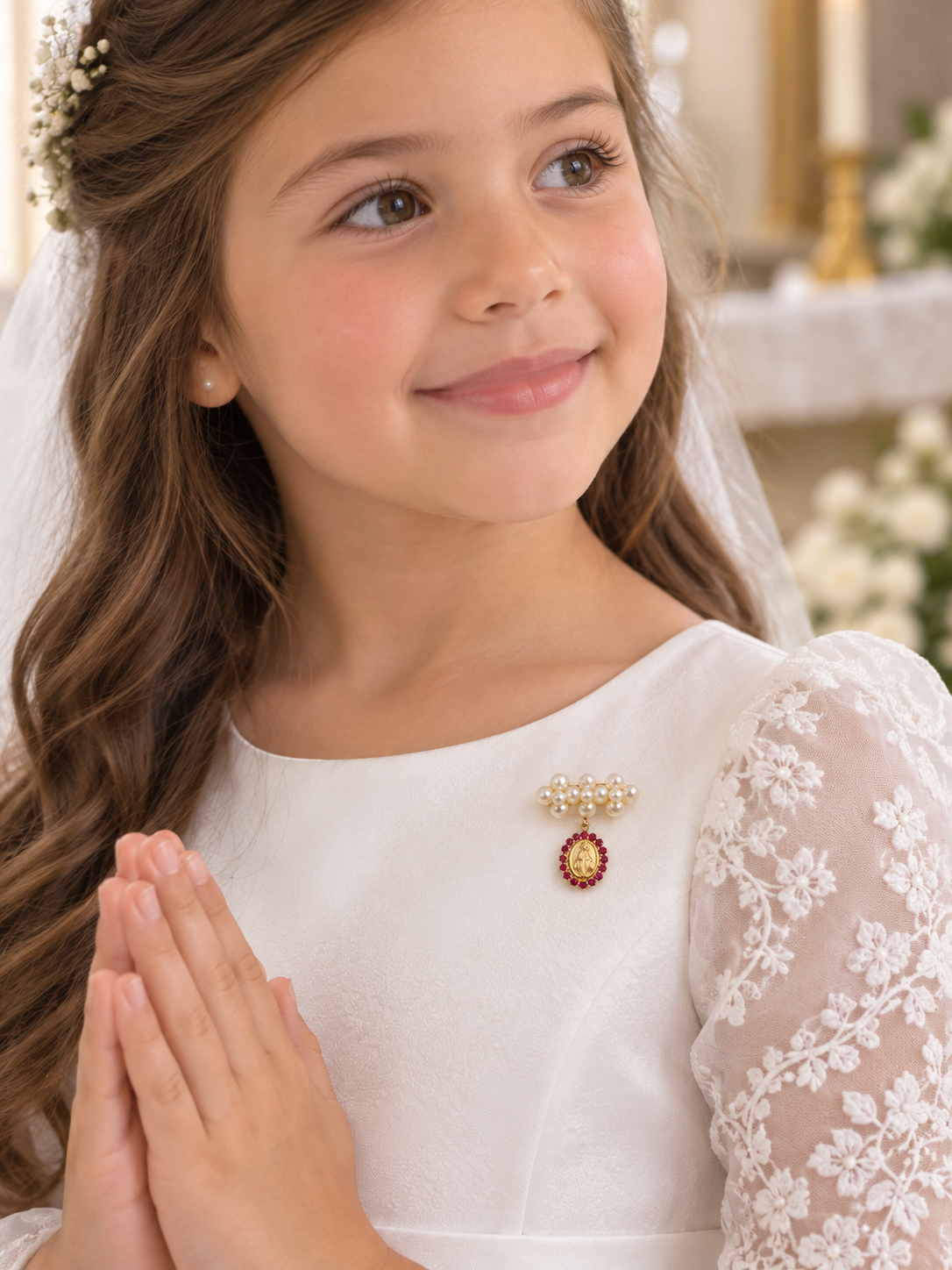 14K Yellow Gold Pearl Cluster & Gemstone Miraculous Medal Baby Pin