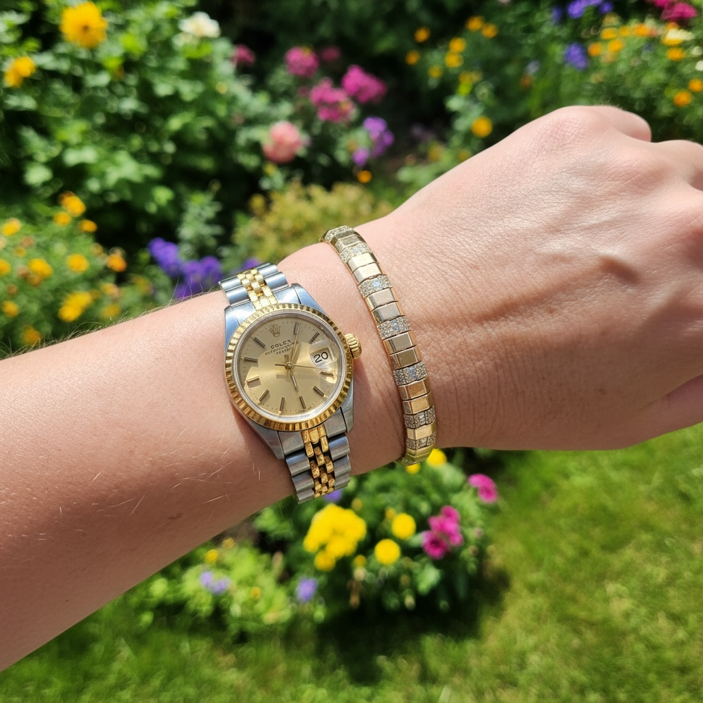 A person's wrist wearing a gold and stainless steel two-tone Rolex Datejust watch and a  14K yellow gold contemporary bracelet, set against a blurred garden background with colorful flowers.