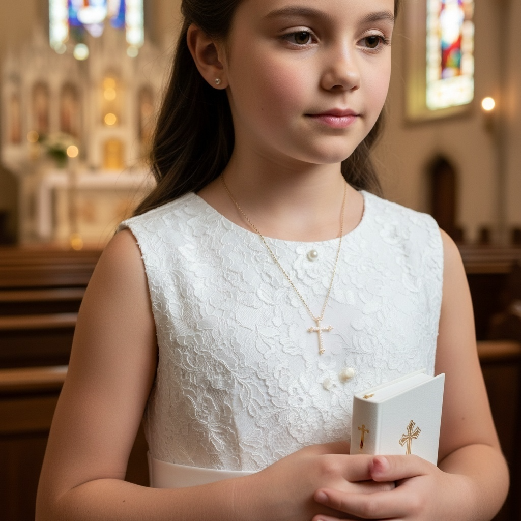 A young girl in a white lace sleeveless dress stands in a church holding a small white book with gold crosses, wearing layered gold necklaces.