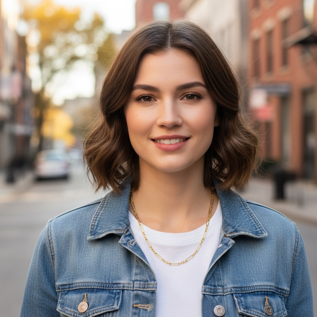 A smiling young woman with shoulder-length brown wavy hair stands on a blurred city street, wearing a light blue denim jacket over a white top and a delicate gold figaro style paperclip necklace.