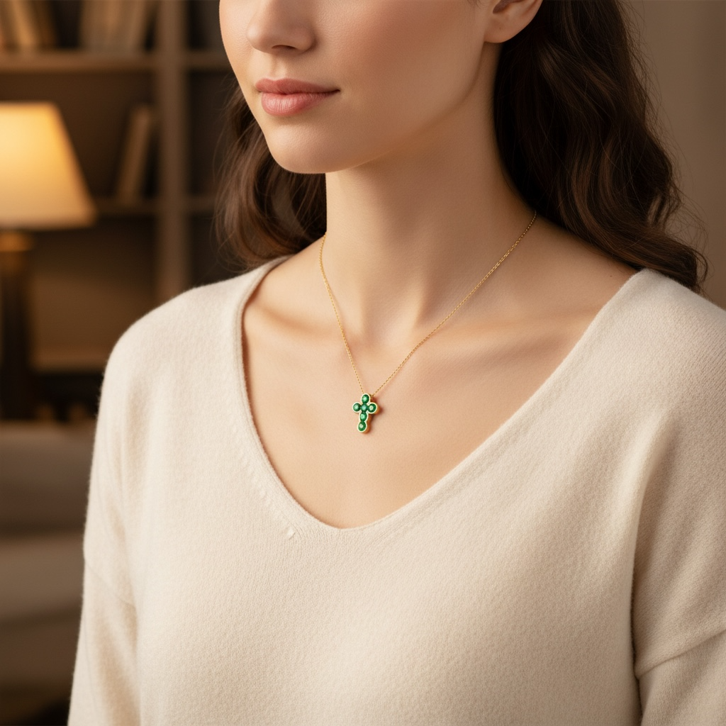 14K Yellow Gold Natural Gemstone Bezel Cross Necklace – 0.60 CTW