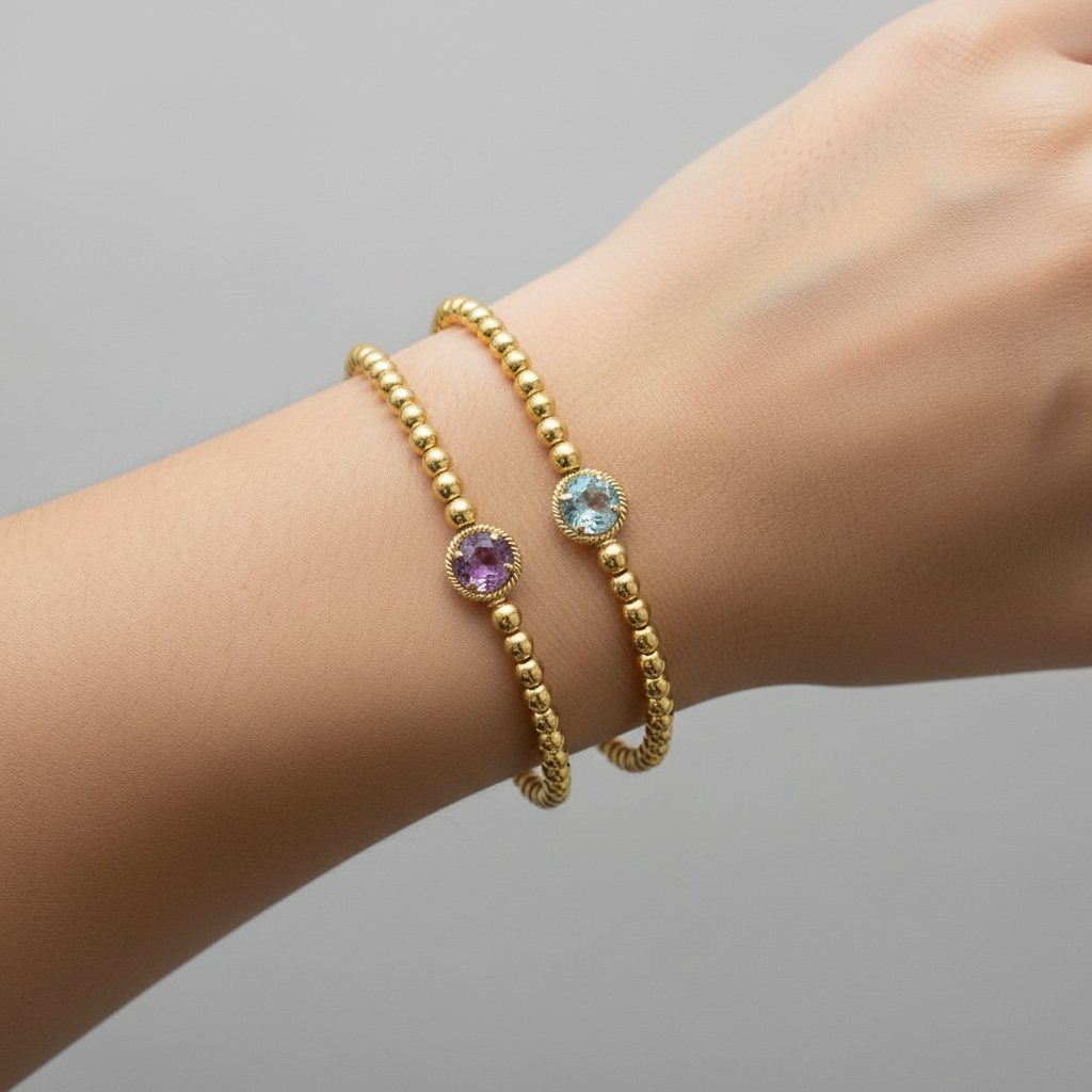 Beaded Elastic Bracelet with Amethyst or Blue Topaz Center