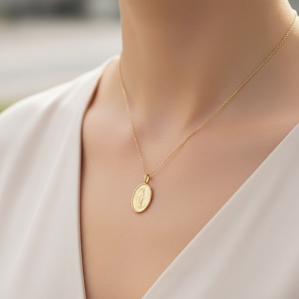 A delicate gold chain necklace with an oval pendant featuring a religious figure of the Miraculous medal, worn by a model in a close-up shot.
