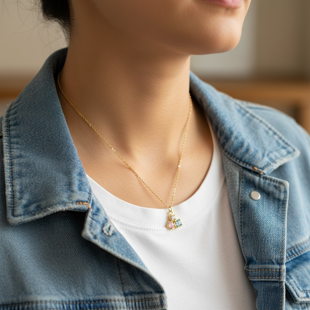 Person wearing a gold necklace with a small pendant, dressed in a denim jacket and white shirt.