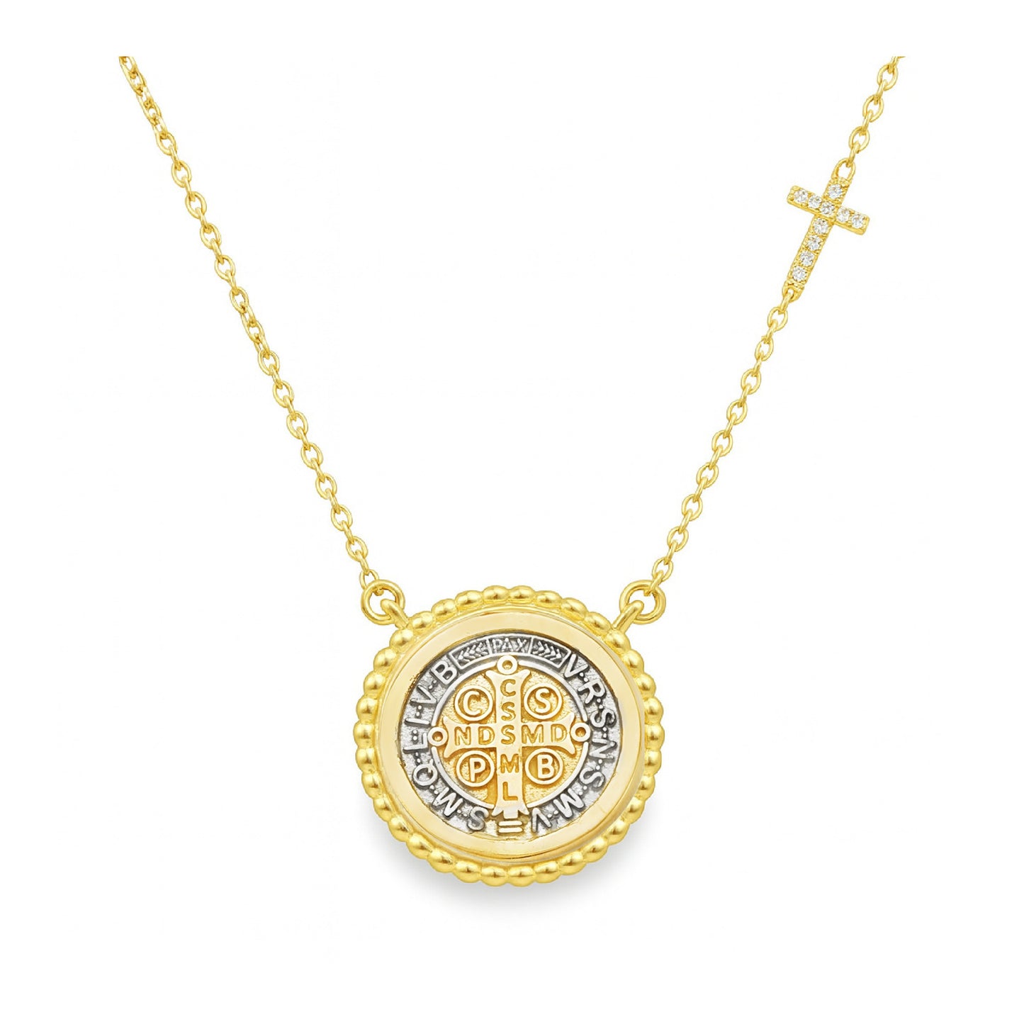 Beaded Border Saint Benedict Medal with Mini Diamond Accent Cross Necklace