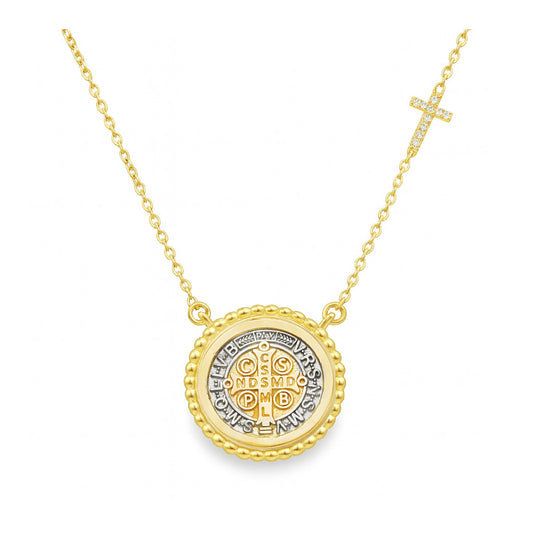 Beaded Border Saint Benedict Medal with Mini Diamond Accent Cross Necklace