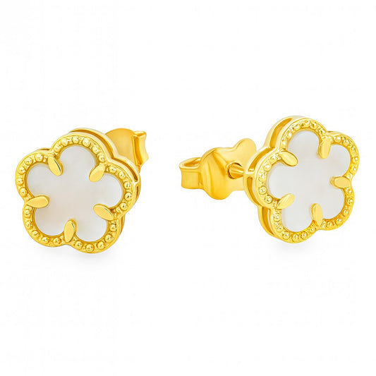 Beaded Border Mother of Pearl Flower Earrings-8.0mm