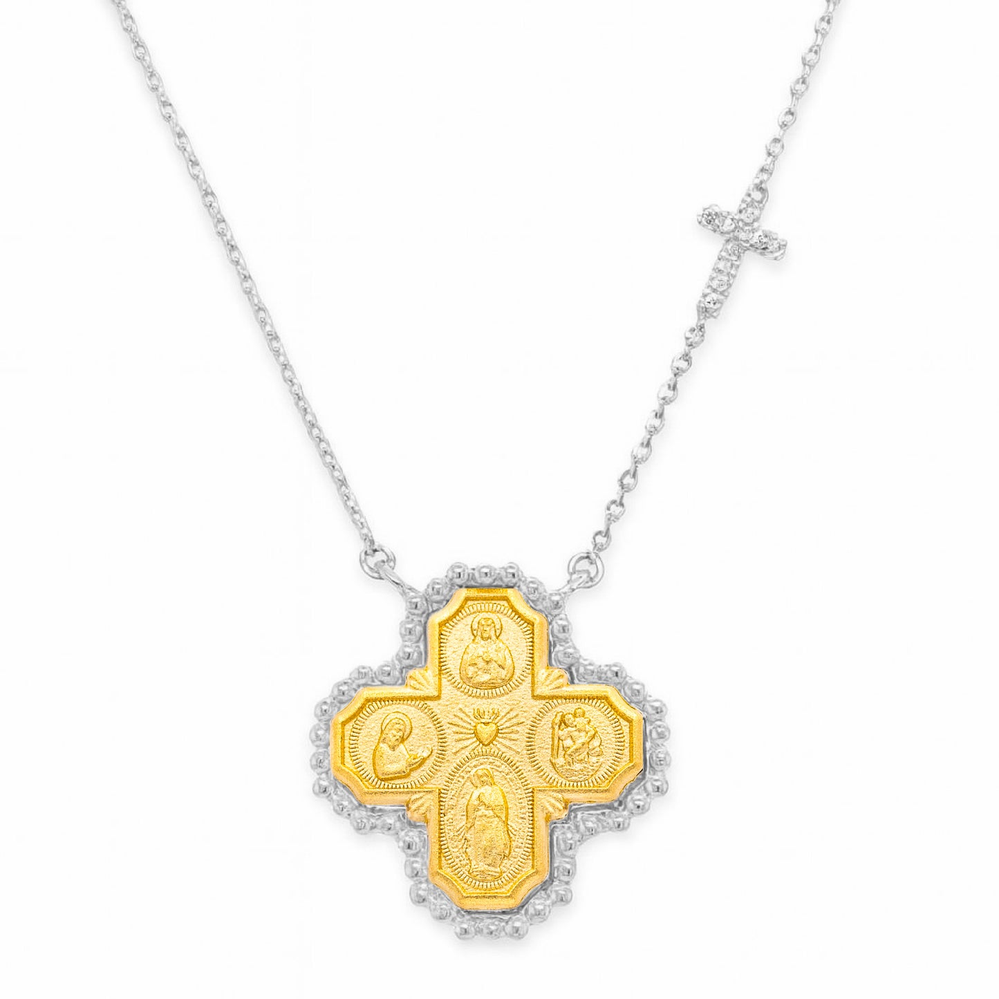 Gold and white gold cross pendant necklace on a white background