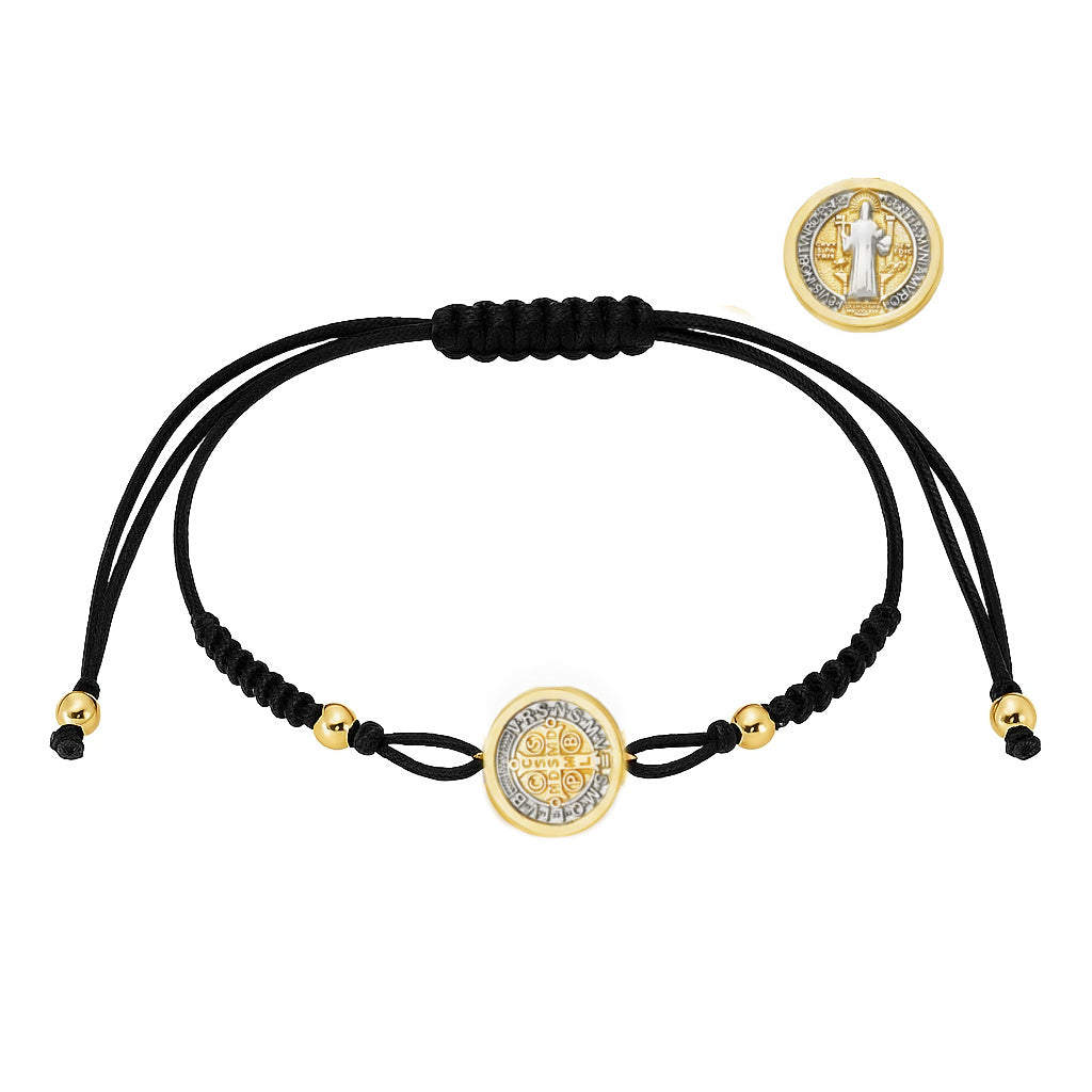 Black braided bracelet Macrame with 14K Gold two tone Saint Benedict on a white background