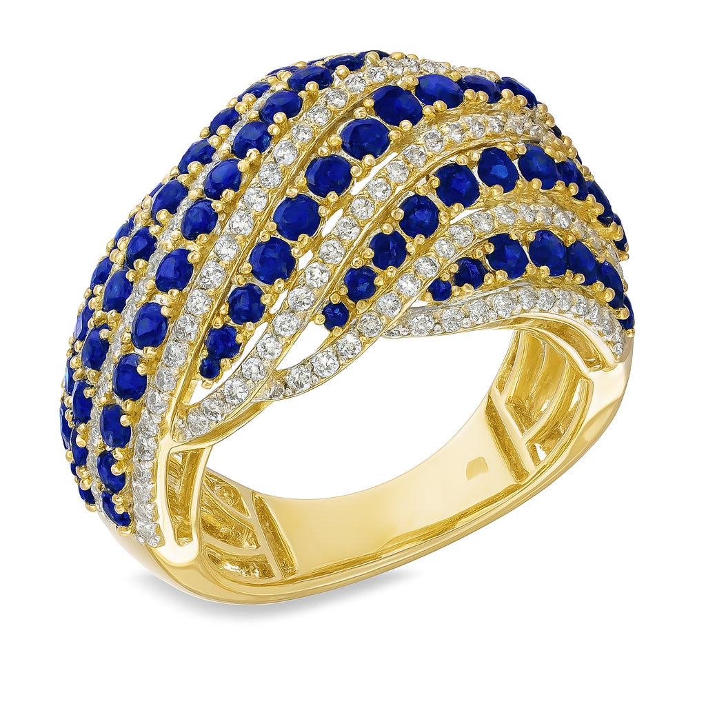 14K gold flowing wave dome ring with natural blue sapphires and diamond accents – luxury statement jewelry.