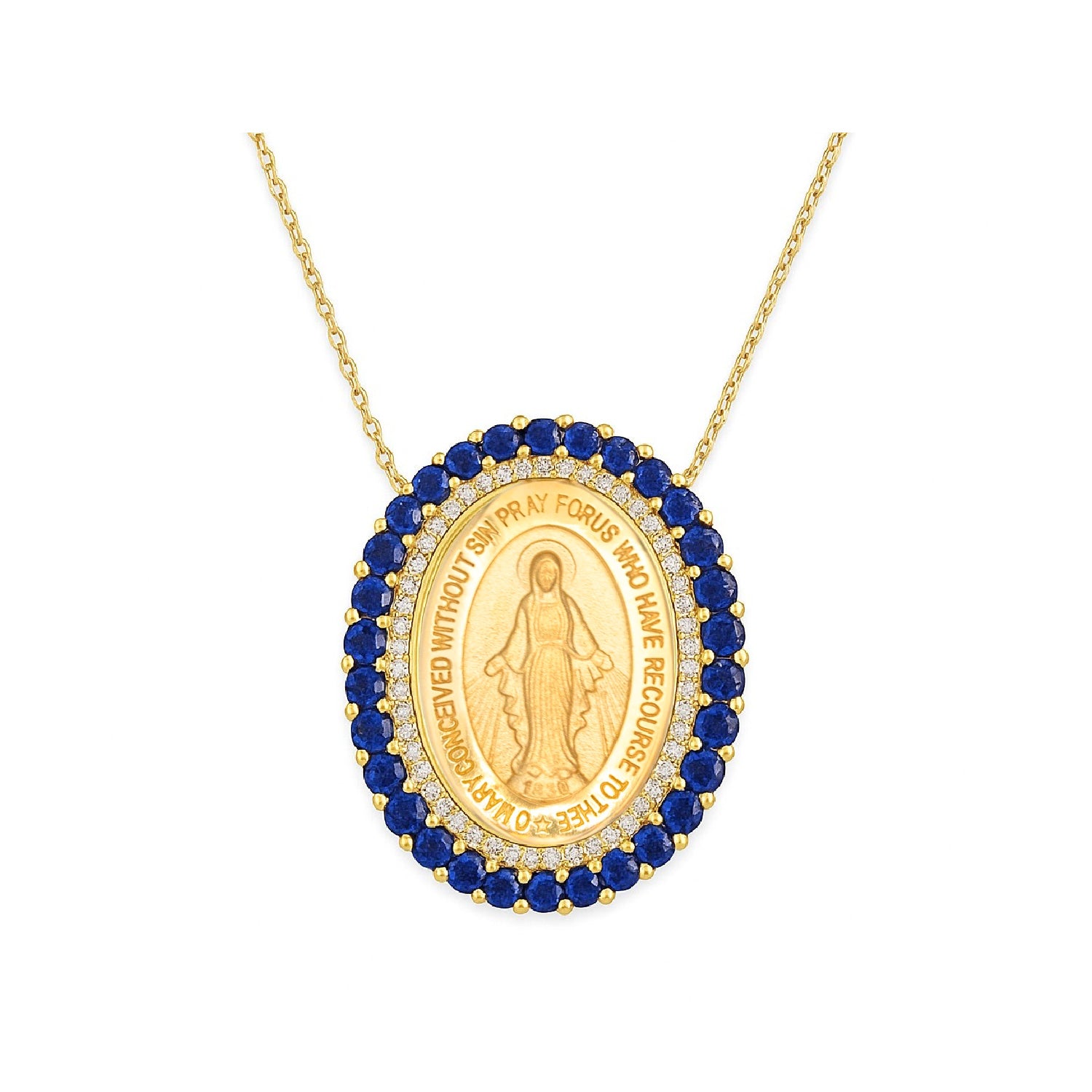 Gold necklace with a pendant featuring blue sapphires and diamonds with a Miraculous Medal religious figure on a white background