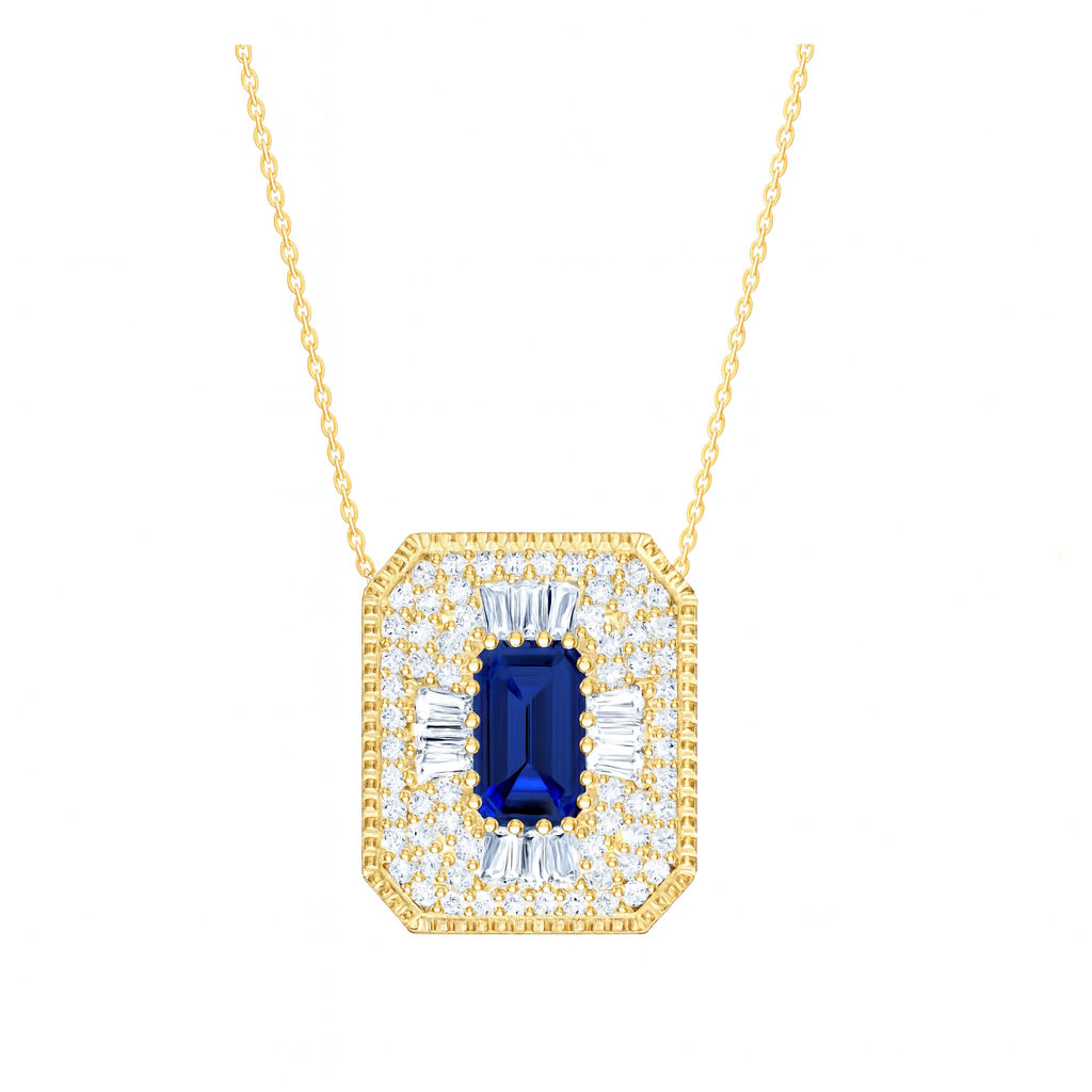 Gold necklace with a blue sapphire gemstone and diamond halo accents on a white background