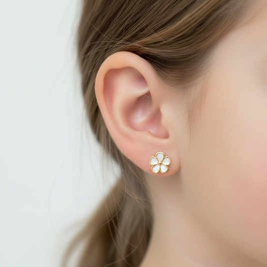 Flower-shaped mother of pearl earring worn on a model's ear with a neutral background