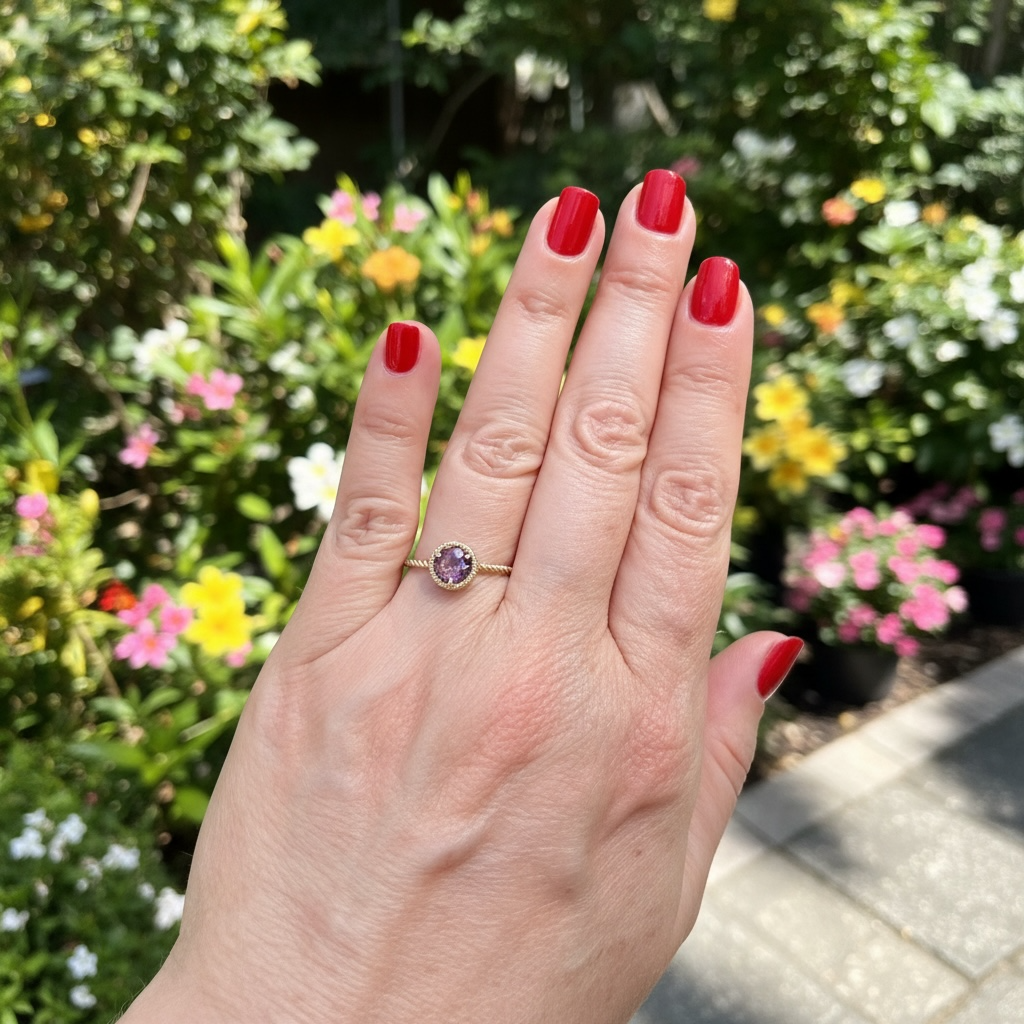 Hand wearing a ring with a purple amethyst gemstone against a blurred floral background