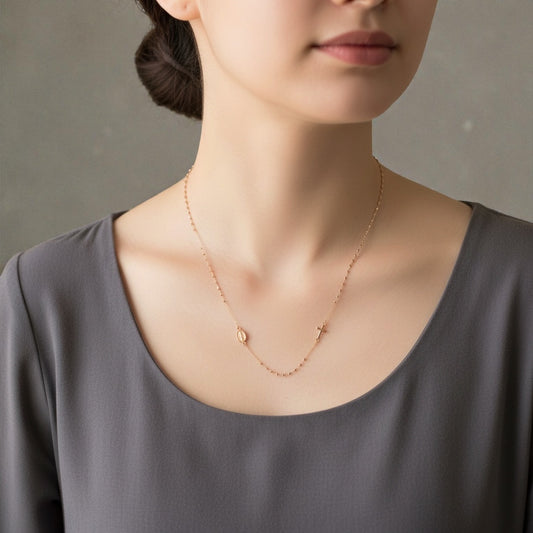 14K Gold Miraculous Medal & Cross Mini Mirror Bead Rosary Necklace