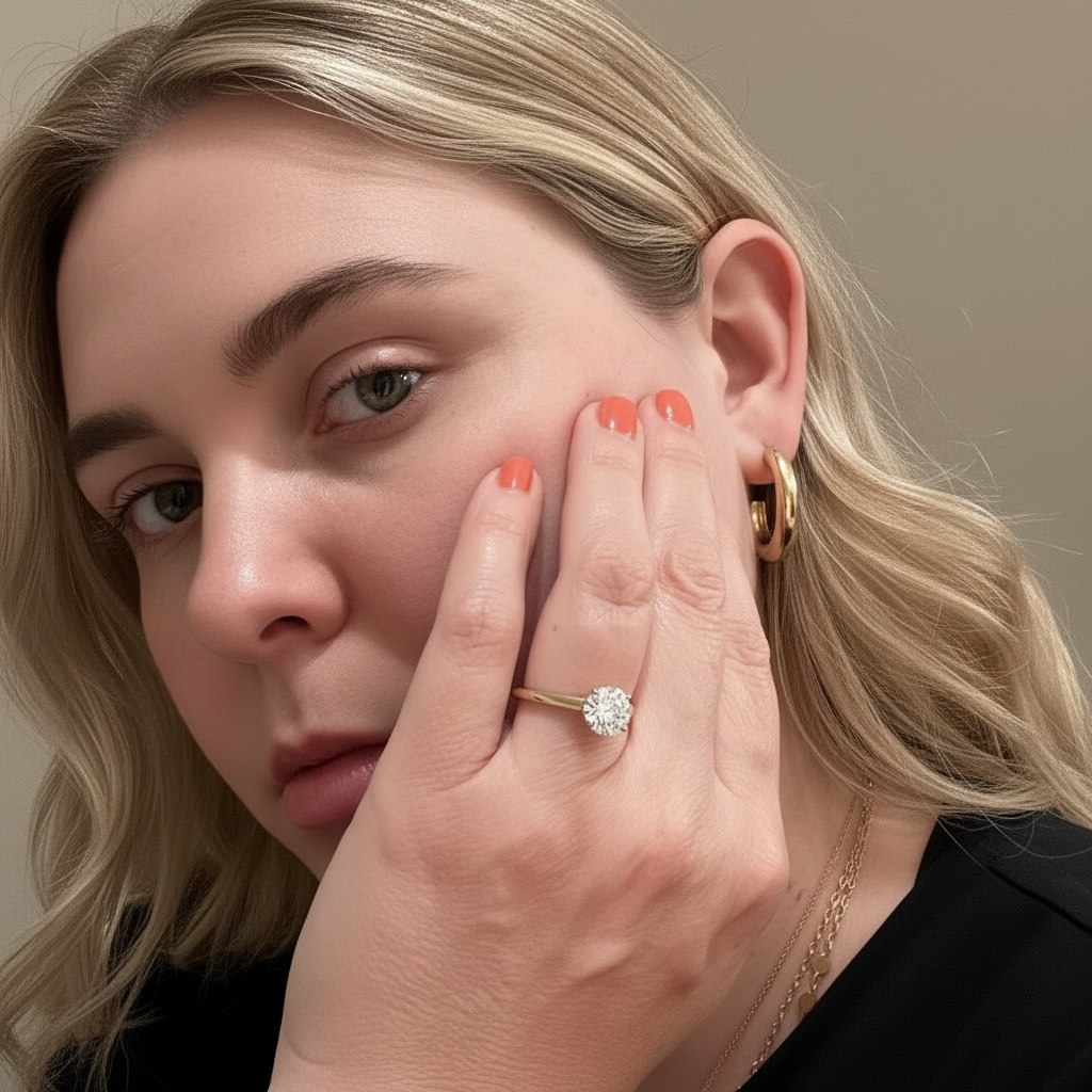 A close-up lifestyle shot of a woman wearing a gold engagement ring with a round diamond gemstone on her finger, posing with her hand near her face against a neutral beige background.