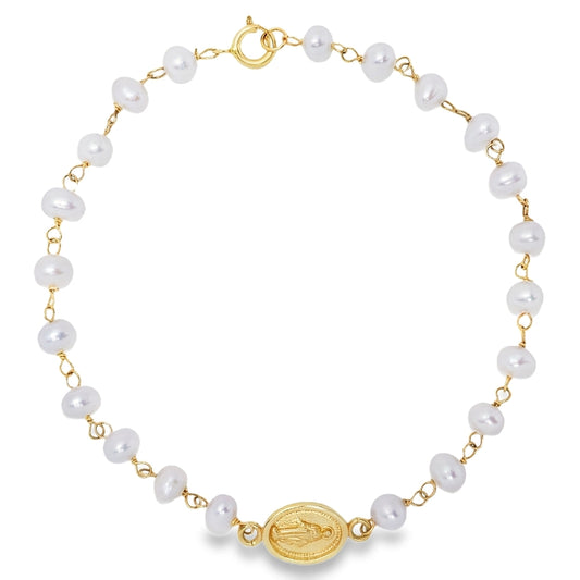 Pearl Bracelet with Miraculous Medal or Our Lady of Guadalupe