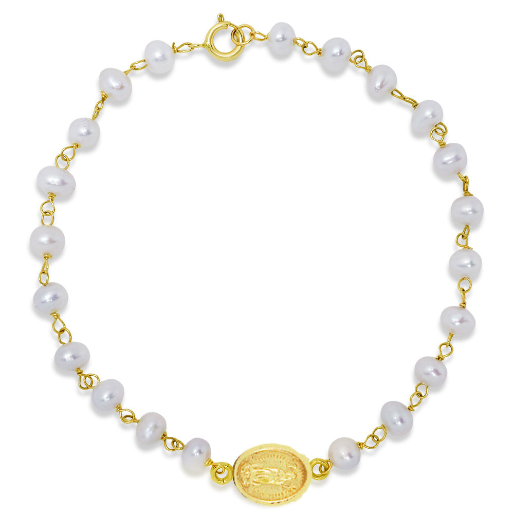 Pearl Bracelet with Miraculous Medal or Our Lady of Guadalupe
