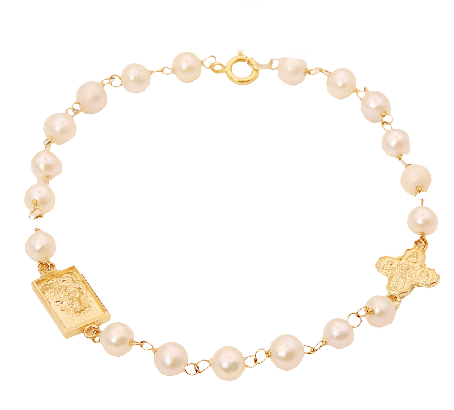 Scapular Medal And 4-Way Cross Pearl Bracelet