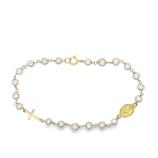 Miraculous Medal & Cross Pearl Bracelet