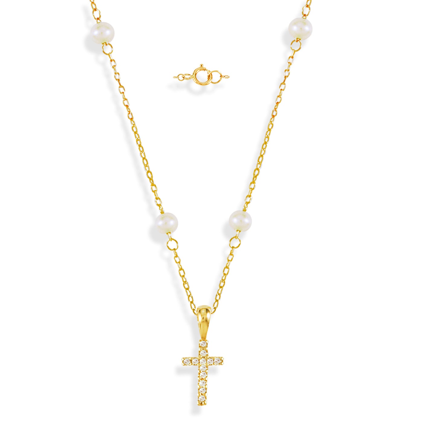 Miniature Diamond Cross on Pearl Necklace